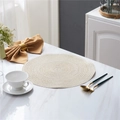 Round woven beige cotton table mat with spiral texture on white marble surface - 11cm / Beige