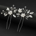Détail d'épingles à cheveux de mariée avec perles blanches et feuilles de cristal sur noir - Lot de 2 / Argenté