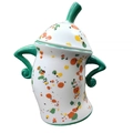 Ceramic canister with attitude featuring colorful abstract spots and lid on white - New Sky Blue