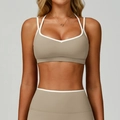 Beige and white contrast sports bra with double straps and matching high waist leggings - S / Flaxen