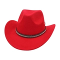 Detail view of a red wool felt cowboy hat featuring a sparkling rhinestone decorative band - One Size / Red (Rhinestone)