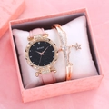 Set de reloj de cuero rosa con esfera de cielo estrellado y pulsera con colgante de estrella - Juego de Caja de Regalo Reloj Pulsera / Rosa