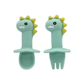 Mint green baby silicone fork and spoon set with cute 3D dinosaur handles - Dinosaur Silicone Fork and Spoon Set / Light Green