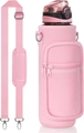 Pink neoprene water bottle carrier with front zipper pocket and adjustable shoulder strap - Pink