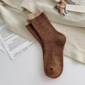 Thick dark brown wool crew socks with beige contrast ribbing for autumn and winter - One Size (34-40) / Light Coffee/Beige Contrast