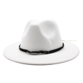 White wide brim wool fedora hat with black braided leather band detail for men and women - White