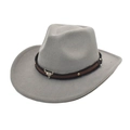 Grey felt western cowboy hat featuring a leather band with silver metal bull head ornament - M (56-58cm) / Light Gray
