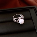 Silver open ring featuring a large white pearl and zircon accents on a cross band - 59# Ring - Silver - Pearl Cross Line