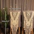 Set of 2 cream white hand-woven macrame chair covers with bohemian fringe tassels - Style 3