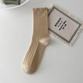 Beige cotton crew socks with frilly wood ear edges and ribbed texture for women - One Size / Khaki