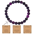Purple zebra stone beaded bracelet with silver cross charm and religious gift cards - Confirmation Card / Purple Stripe Agate