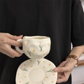 Handcrafted ceramic coffee cup set with pink tulip and yellow dot pattern in cream white - Tulip Small Flower