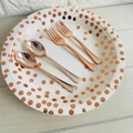 Disposable 9.8cm rose gold plastic forks and spoons set on a polka dot paper plate - Spoon / Rose Gold