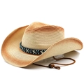 Detail of western straw cowboy hat featuring turquoise beads and adjustable wind rope - M (56-58cm) / Beige Rust Red
