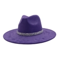 Detail of a dark purple wide brim fedora hat featuring a sparkling silver rhinestone band - 58 / Deep purple