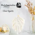 Boho hanging ornament with Black Tourmaline, Clear Quartz and white woven cotton feathers - Black Tourmaline + Clear Quartz Macrame