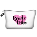 Detail view of Bride Tribe cosmetic bag with pink heart and black zipper closure - White-Pink Heart Background + Bride Tribe