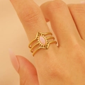 Retro triple-layered gold stainless steel ring with pink marquise stone and twisted bands - 2518k Real Gold Three-layer Hollowed-out Pink Dz-439