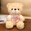 Light brown teddy bear in a white 'I Love You' t-shirt on a warm wooden table - Light Brown Bear Multi-Heart T-shirt / 20cm