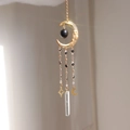 Detail of golden crescent moon hanging decor with black beads and crystal prism pendant - N2-Gold Face Moon-Black Beads-Clear Crystal Column