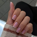 Short round press-on nails with pink glitter base and elegant white French tips - Pink Base White French Tip Glitter Style (JP3668)