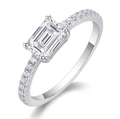 Macro shot of rectangular moissanite center stone on sterling silver ring with side stones - R13097/1 Carat/6.5mm-gra/black Card / US Size 7 / Circumference 54.3mm