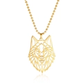 Detailed view of a golden geometric wolf head pendant on a minimalist stainless steel chain - Bead Chain / Gold