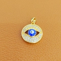 Golden evil eye pendant with blue enamel and sparkling micro-pave zircons on brown leather - 22-Gold Round Blue Eye Pave Rim