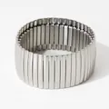 Macro view of silver elastic stainless steel bracelet with textured ribbed metal links - Silver Horizontal Texture Style (PAS1039)
