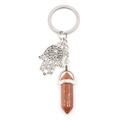 Hamsa Hand keychain featuring a brown goldstone hexagonal crystal pillar pendant - Synthetic Goldstone