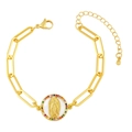Gold Virgin Mary charm bracelet with colorful zircon and paperclip chain links - Style B