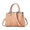 Women's chic beige tote bag with geometric embossed pattern and gold hardware - Khaki