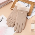 Gants d'hiver beiges en daim pour femmes avec revers en peluche et fonction écran tactile - Taille unique / Étiquette en Cuir Deux Lignes Kaki (Double Épais)