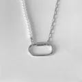 DIY retro stainless steel necklace featuring white pearls and rectangle link chain - Half Pearl Link Necklace (XNL0045) / Large Clasp 25x13mm / Silver