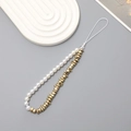 Elegante cinturino da polso per cellulare con perle bianche e perle metalliche dorate in grigio - Oro