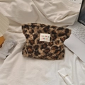 Plush leopard print makeup bag with colorful sozakka beauté label on white fabric - Leopard Brown