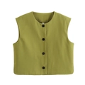Dettaglio del gilet verde da donna con scollo a V, bottoni e trama del tessuto curata - S / Verde