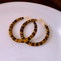 Large hoop earrings featuring yellow and black tiger print textures with golden lever-back hooks - 73# 925 Sterling Silver Earring Post-Brown Tiger Stripe Wrapped Large Hoop Earrings (52mm)