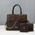 Detail view of coffee brown 3-piece bag set with mixed animal textures and gold chain link - Coffee