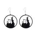 Detail of round black acrylic earrings with witch and cauldron silhouettes for Halloween - Witch and Skull Round