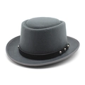 Detail of grey wool pork pie hat featuring black leather band and silver metal studs - M (56-58cm) / Gray