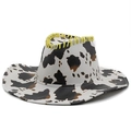 Cow print PU leather western cowboy hat with yellow braided trim on white background - M (56-58cm) / Khaki with Yellow Whipstitch