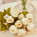 Artificial cream white rose bouquet with 15 vintage burnt edge silk flower heads - White