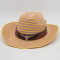 Western straw cowboy hat with purple and yellow stripes and longhorn metal buckle - One Size(56-58cm) / Yellow Purple Striped (Bull Head + Rope)