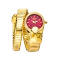 Detail of a luxury gold snake-shaped watch with red dial and crystal-embellished bezel - Gold Red