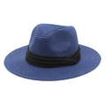 Detail of navy straw Panama hat with wide black fabric band for sun protection - M (56-58cm) / Navy Blue
