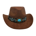 Brown felt western cowboy hat with bohemian turquoise stone and floral embroidery - Coffee [Wide Leather Embroidery]