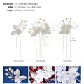 Detail view showing precise dimensions of handmade clay flower hair pins with golden leaves - Silver