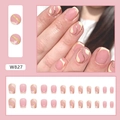 Short ballet press-on nails with pink base, creamy french tips, and gold wavy glitter lines - W827 Milky Yellow Gold Glitter (Glue Type)