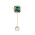 Elegant emerald green gemstone brooch with gold finish, tiny diamonds, and pearl accent - Gold Green